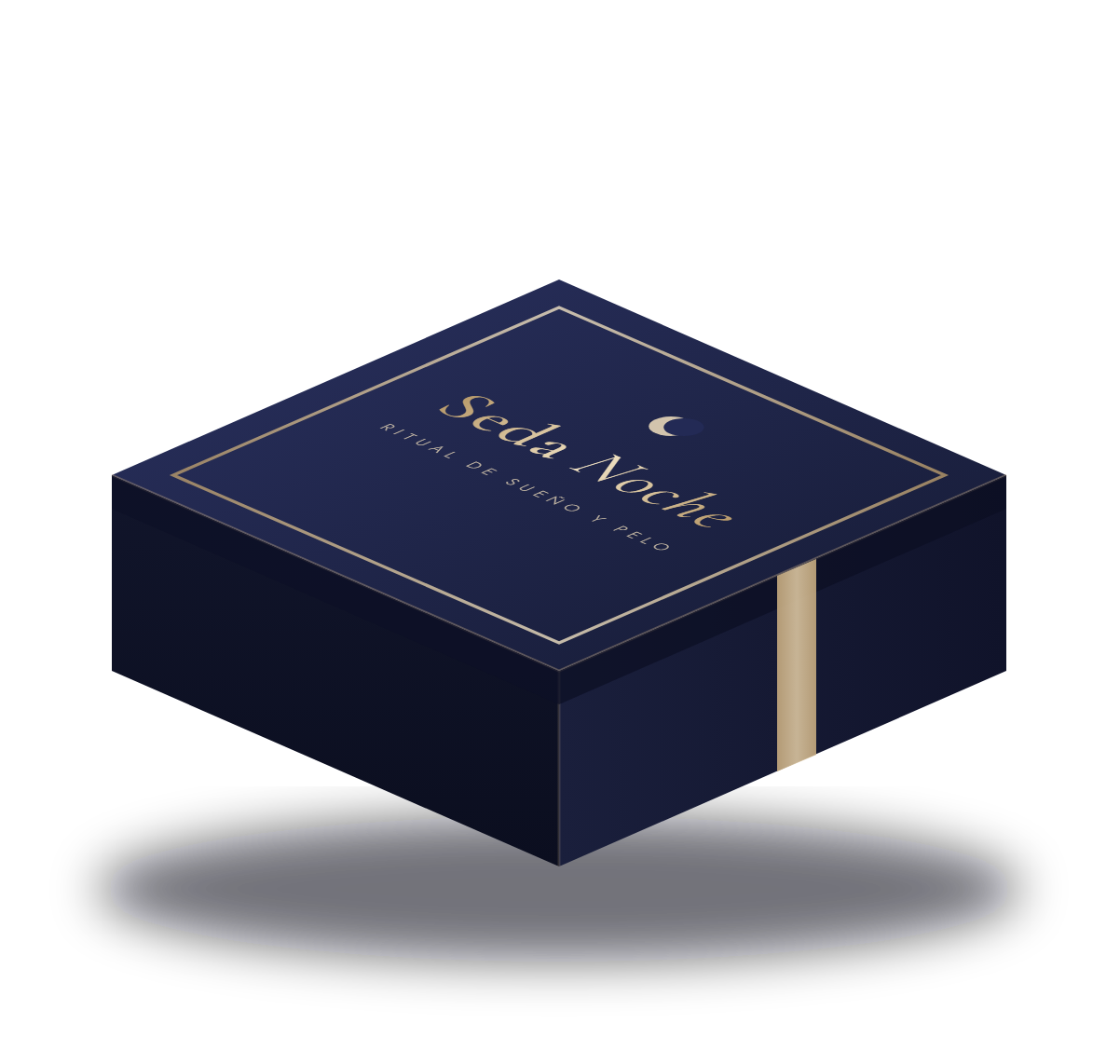 Maqueta de la caja regalo azul noche con el nombre Seda Noche en dorado